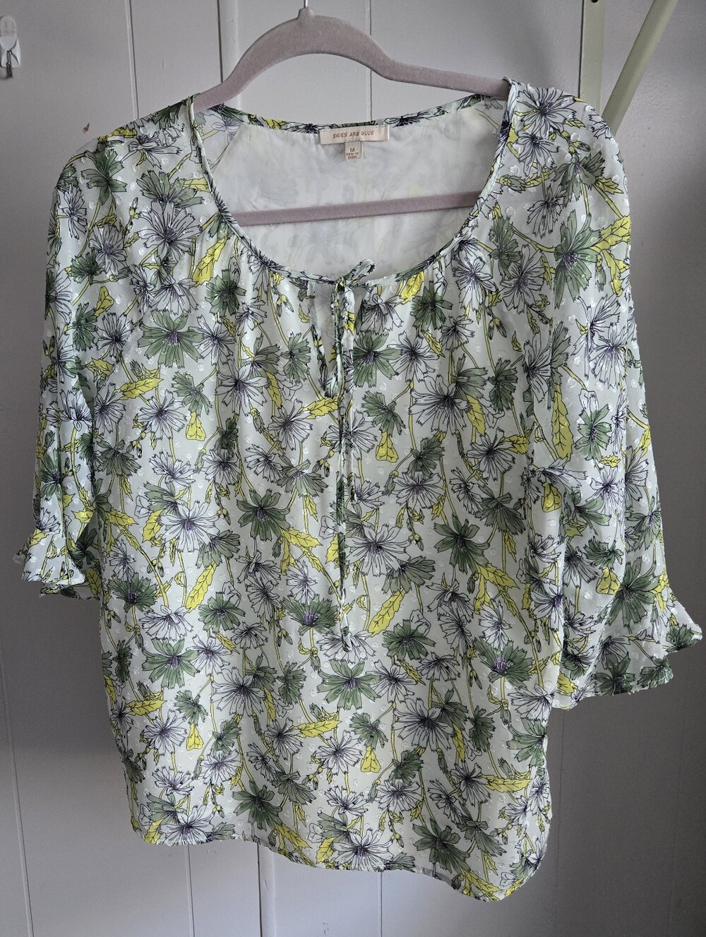 Skies Are Blue Floral Tie-Front Blouse in White, Green & Yellow
